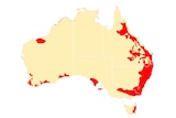 Map of Australia with lots of red in the east coast patches in all states.