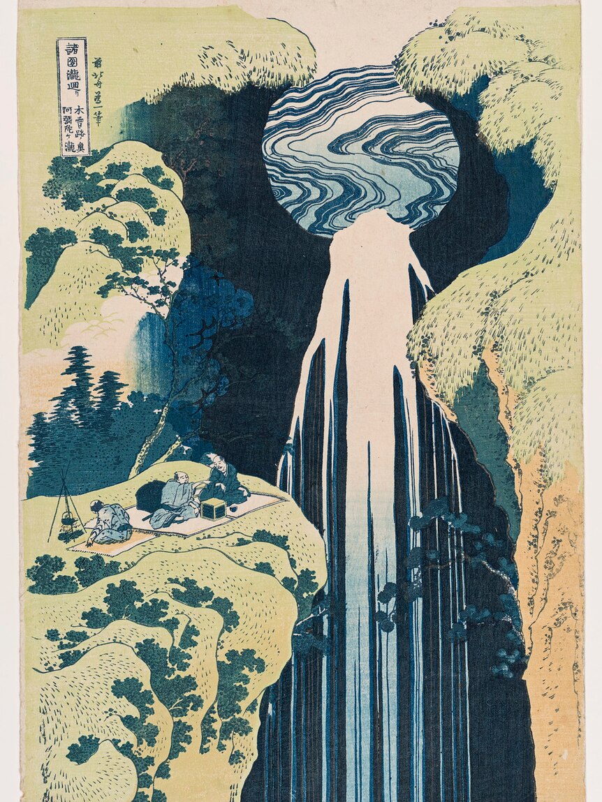 Hokusai's woodblock print, The Amida Falls in the far reaches of the Kisokaidō Road (1834–35).