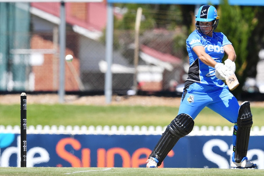 Sophie Devine attempts a cut shot playing for Adelaide Strikers against Hobart Hurricanes.