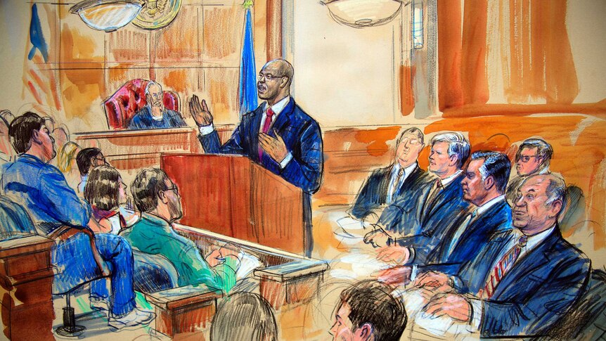 Courtroom sketch depicts Paul Manafort together with his lawyers and the jury