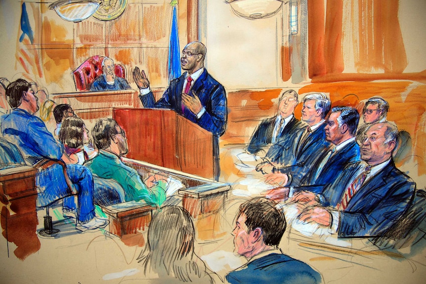 Courtroom sketch depicts Paul Manafort together with his lawyers and the jury