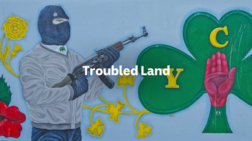 Illustration of a person wearing a balaclava, rifle in hand, next to it is a 4 leaf clover with a red hand in the middle