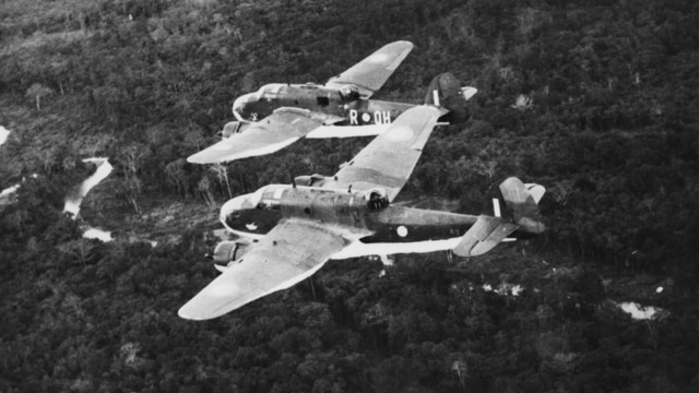 A black and white photo of planes flying over jungle.