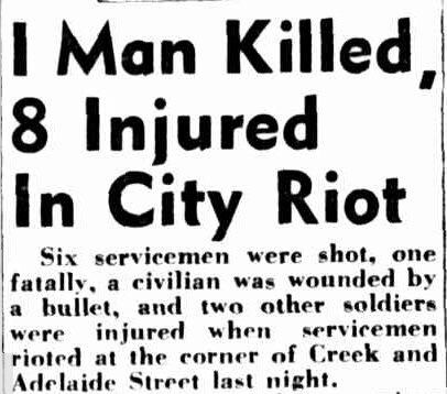 A newspaper article describing a riot in Brisbane in 1942.