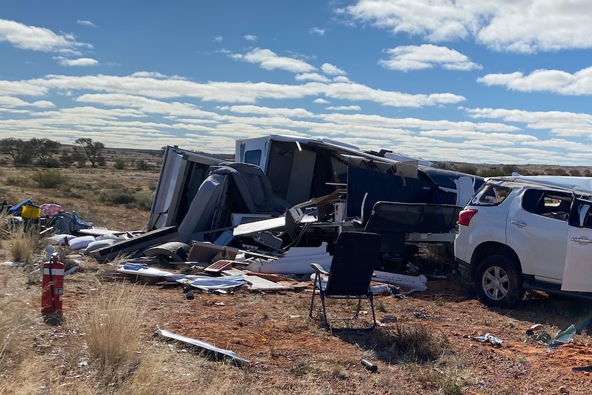 The wrecked remains of a caravan following a crash.