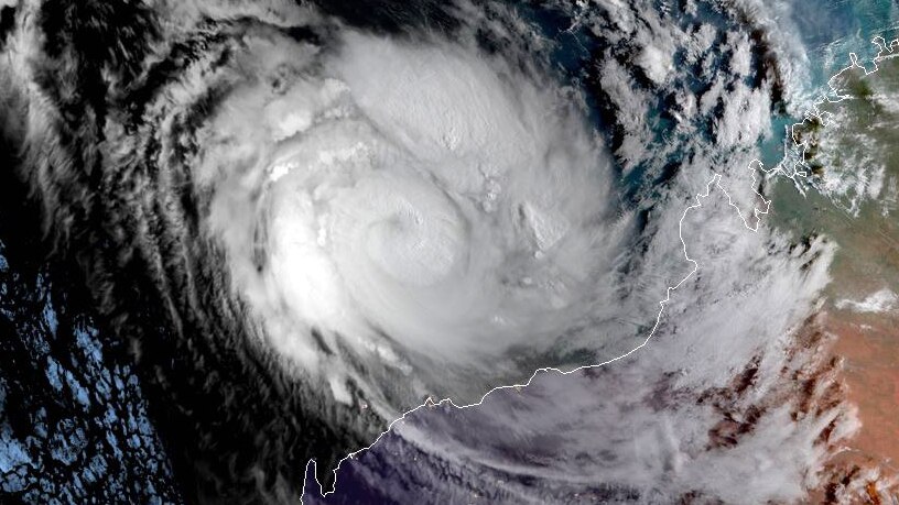 A high-quality satellite image showing Cyclone Veronica hundreds of kilometres off the WA coast.