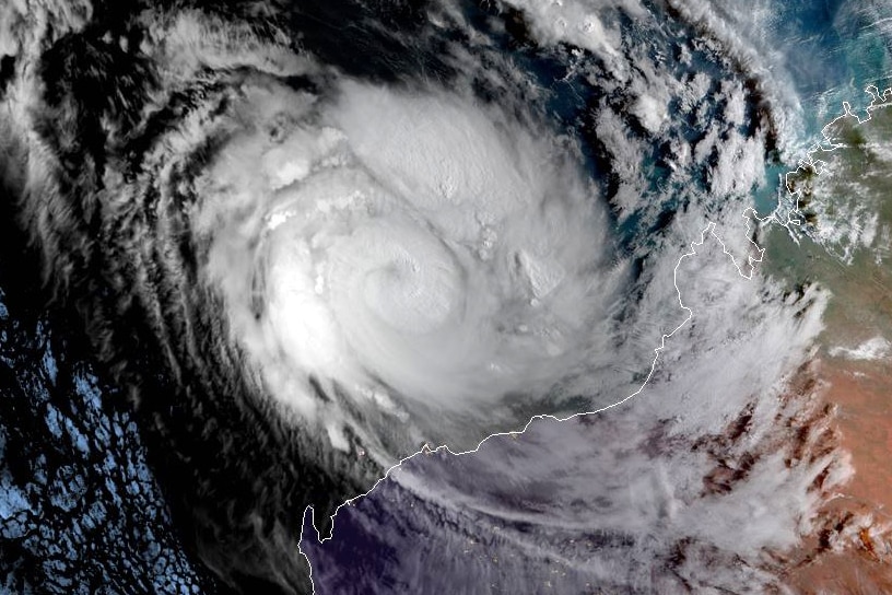 A high-quality satellite image showing Cyclone Veronica hundreds of kilometres off the WA coast.