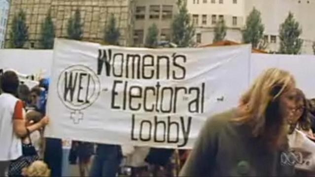 Protestors hold banner with text "Women's Electoral Lobby"