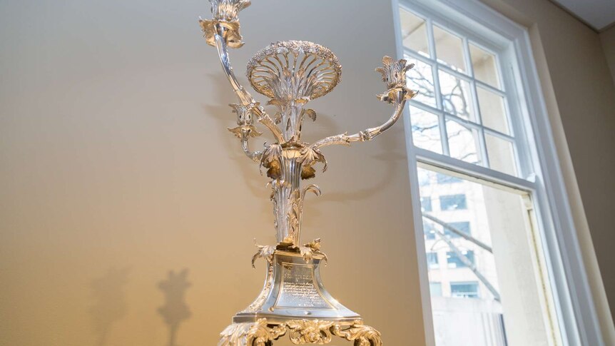 The candelabra in the Lonsdale Silver sits on display.