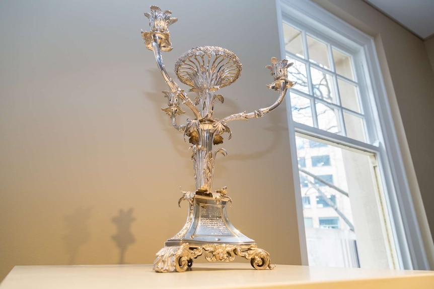 The candelabra in the Lonsdale Silver sits on display.