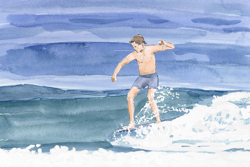 Barry Jorgensen surfs a wave on his longboard in his twenties.