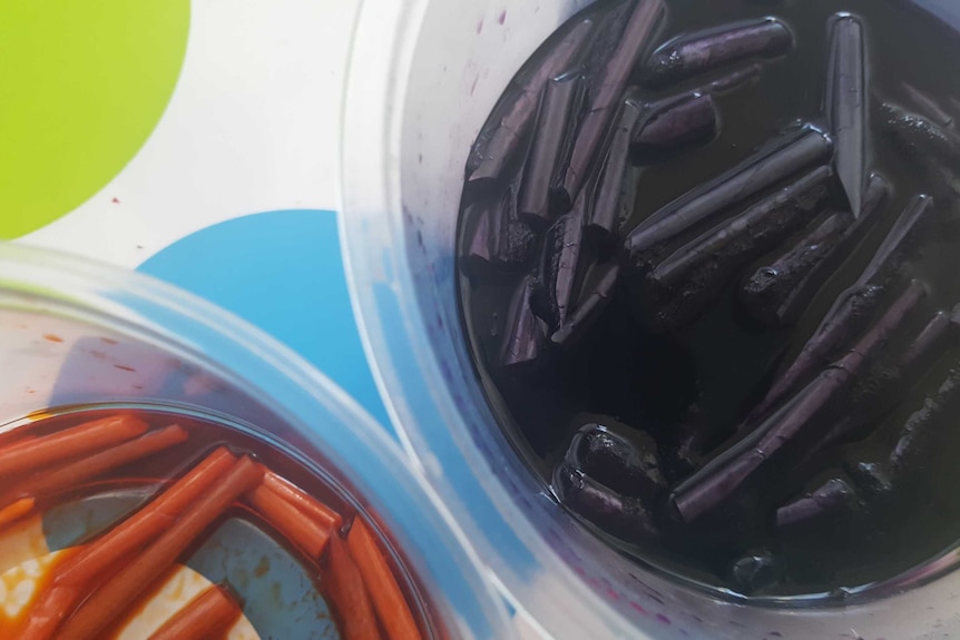 Birds-eye-view of two containers filled with coloured water - one orange, one purple - and the tubular inner pieces of Textas.