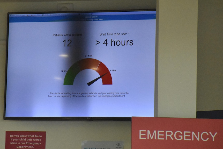 An electronic board in emergency department states there are 12 patients waiting and wait time is four hours.