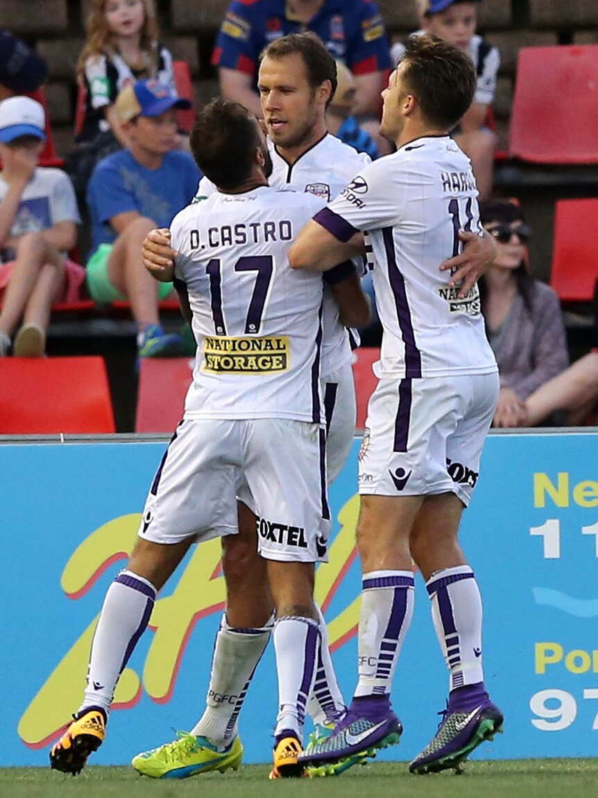 Krisztian Vadocz celebrates a goal against Newcastle