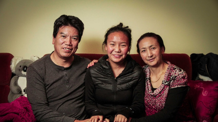 Sitting from left to right, Yeshi Sangpo, Yangki Sangpo, and Pema Tso.
