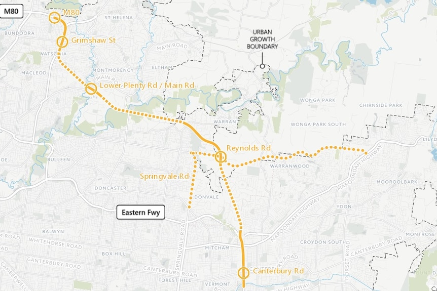 A map of route B option for the North East Link from Greensborough east joining Ringwood.