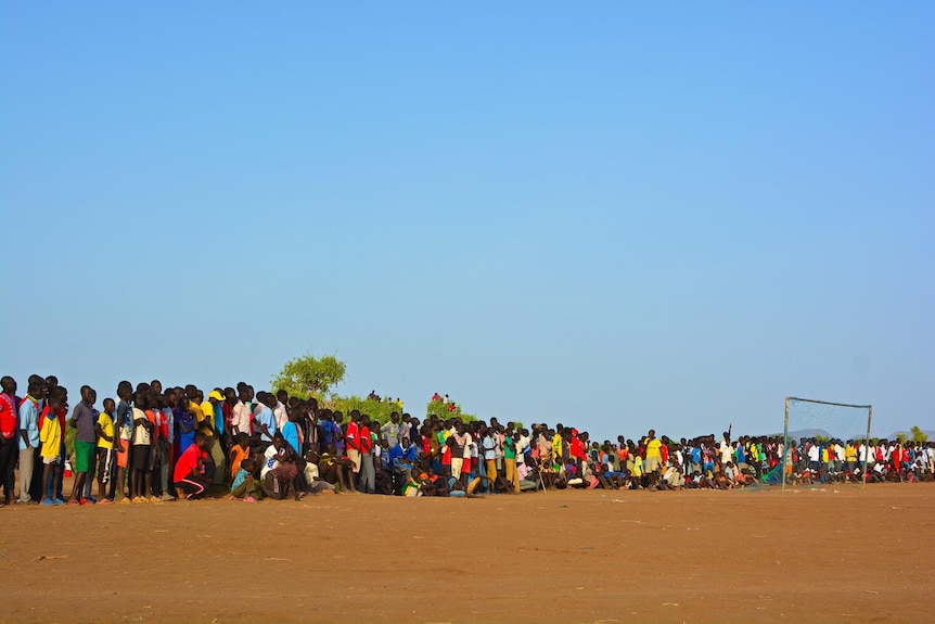 Spectators attend a soccer match in the Kakuma Premier League.