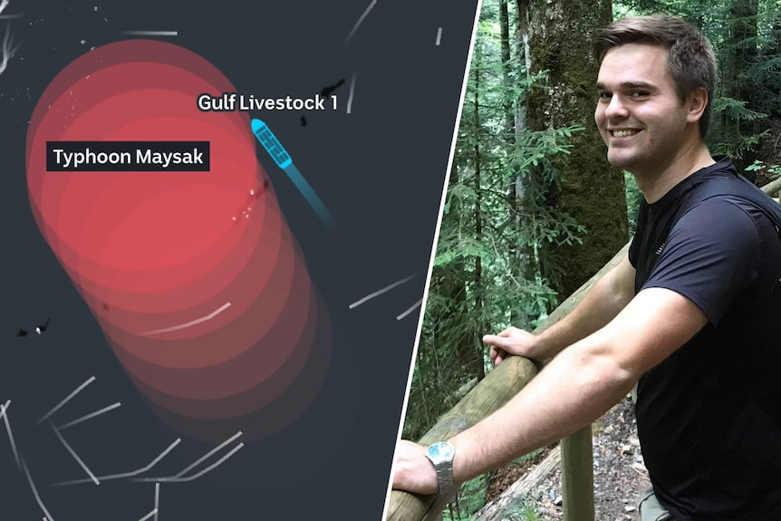 A designed image showing Lukas Orda and a graphic showing Typhoon Maysak and the course of a ship.