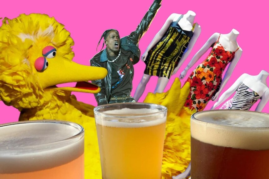 A collage of three beers, Big Bird, Travis Scott and three mannequins wearing bright printed dresses. 