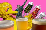 A collage of three beers, Big Bird, Travis Scott and three mannequins wearing bright printed dresses. 