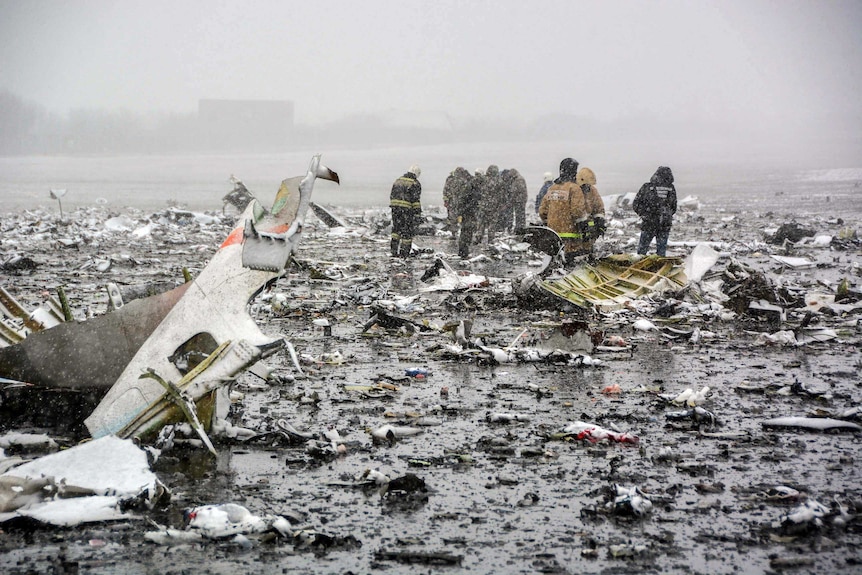 Emergency workers at scene of FlyDubai plane crash