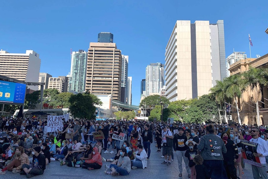 Protesters gathered outside Brisbane City Hall
