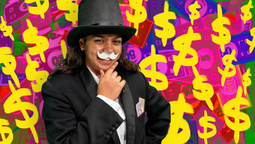 Kushi in Mr Monopoly costume - dinner suit, top hat and big white moustache. Background has dollar symbols and Monopoly money.