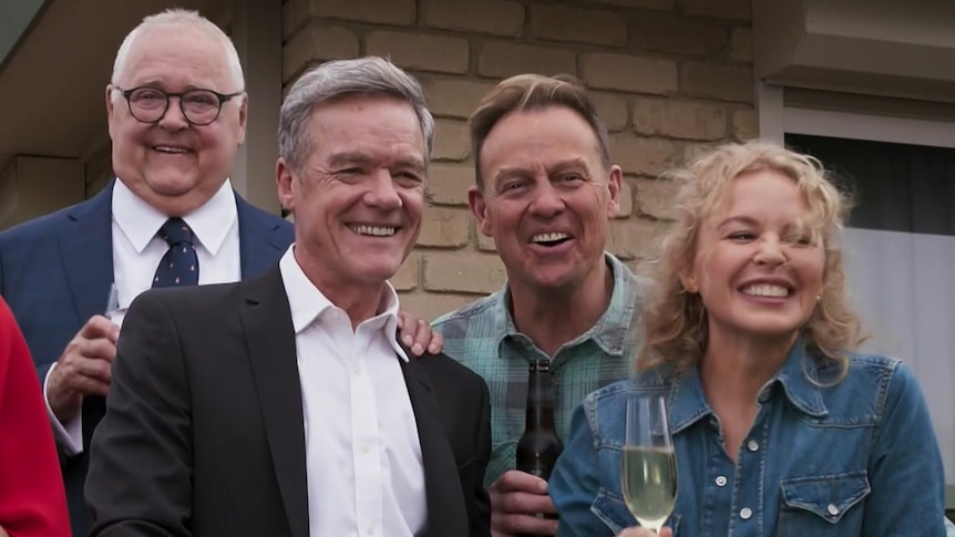 Neighbours actors Ian Smith, Stefan Dennis, Jason Donovan and Kylie Minogue in a scene from the finale.