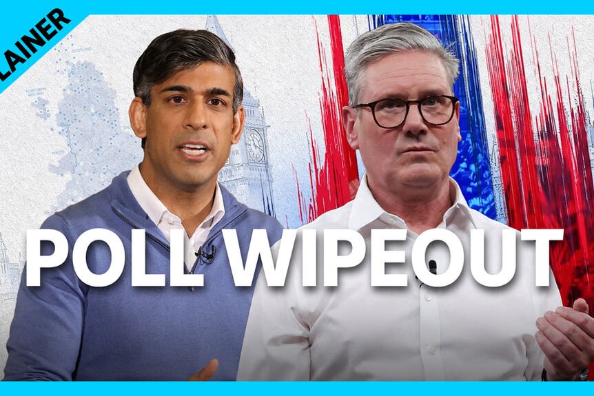 Poll Wipeout: Rishi Sunak and Keir Starmer with a graphic background of splashes of red white and blue paint.