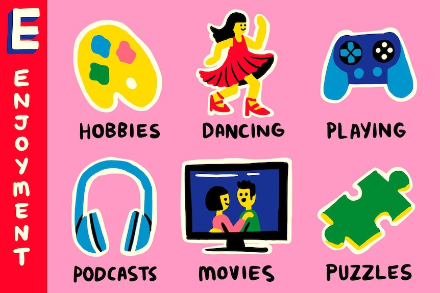 Illustration for Enjoyment, which includes hobbies, dancing, playing, podcasts, movies, puzzles