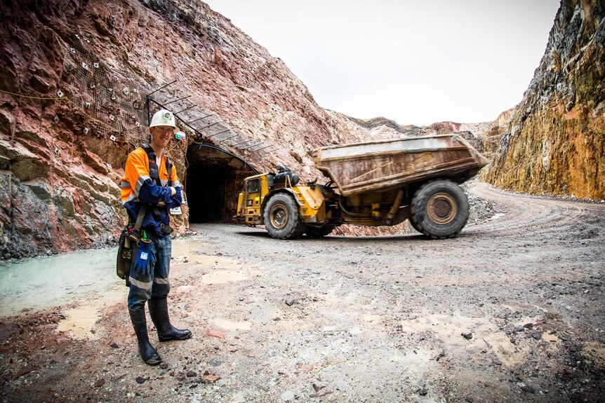 A miner wearing high-vis workwear and a hard hat next to a truck.  