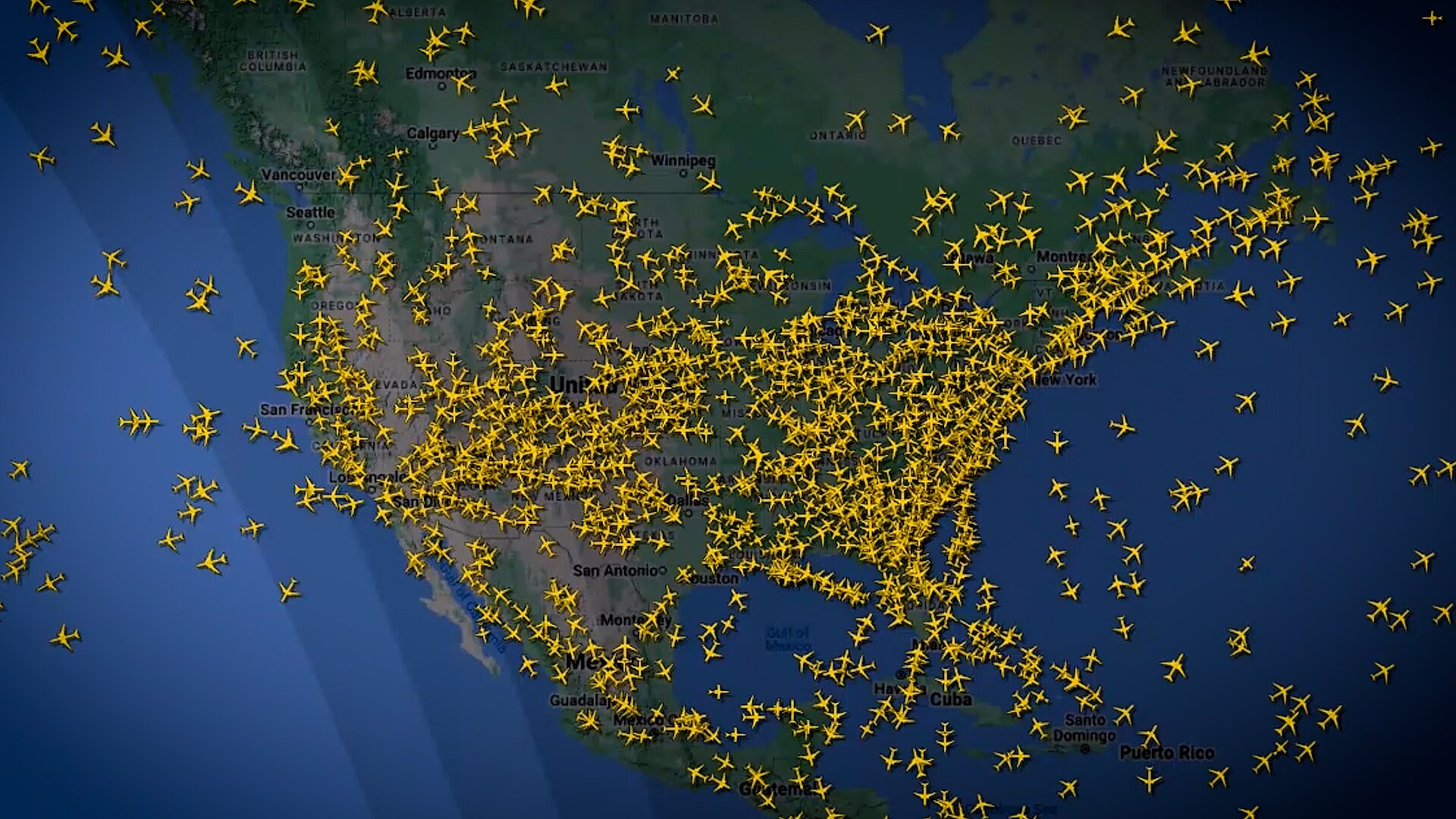 A crowded flight radar over the United States.