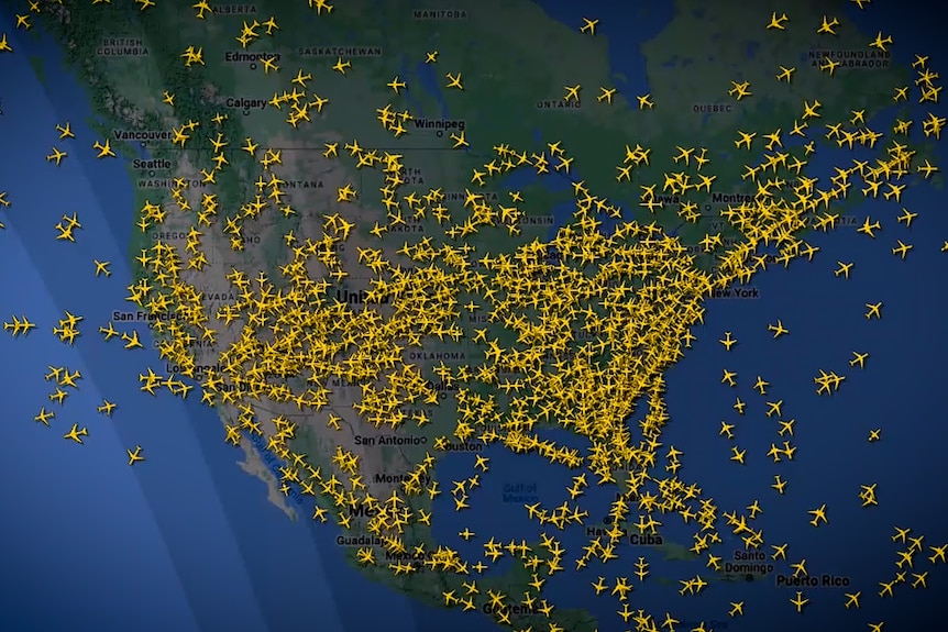 A crowded flight radar over the United States.