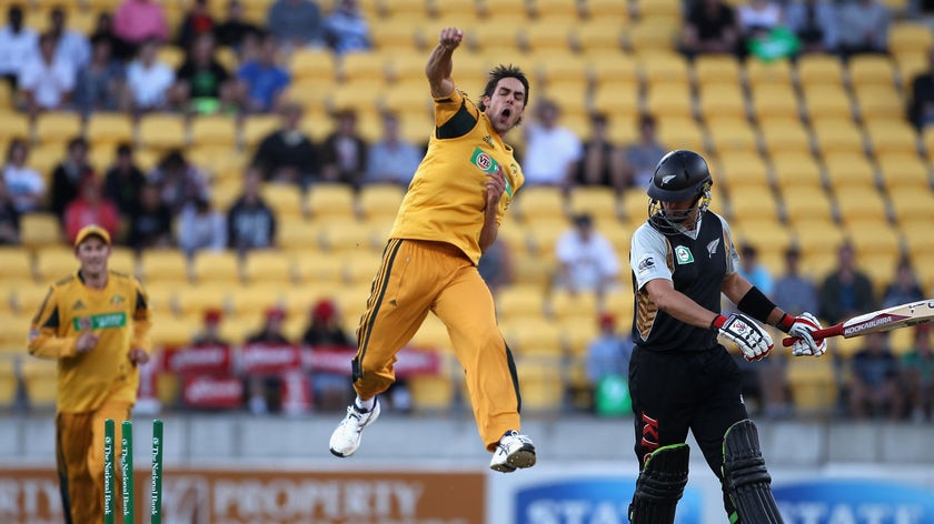 Chief destroyer: Mitchell Johnson ripped through the top order for figures of 3 for 19 from four overs.