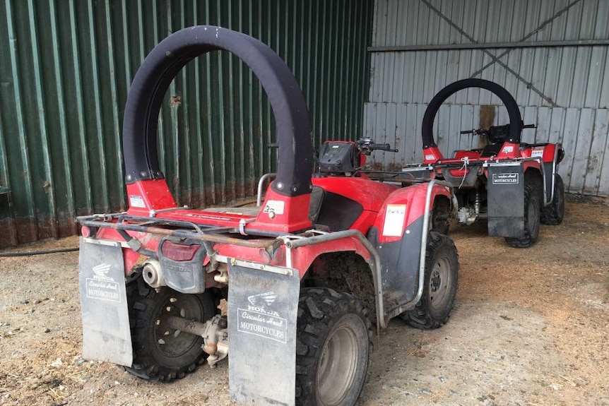 A pair of quad bikes in a shed. Each has a rollover bar fitted to the back.