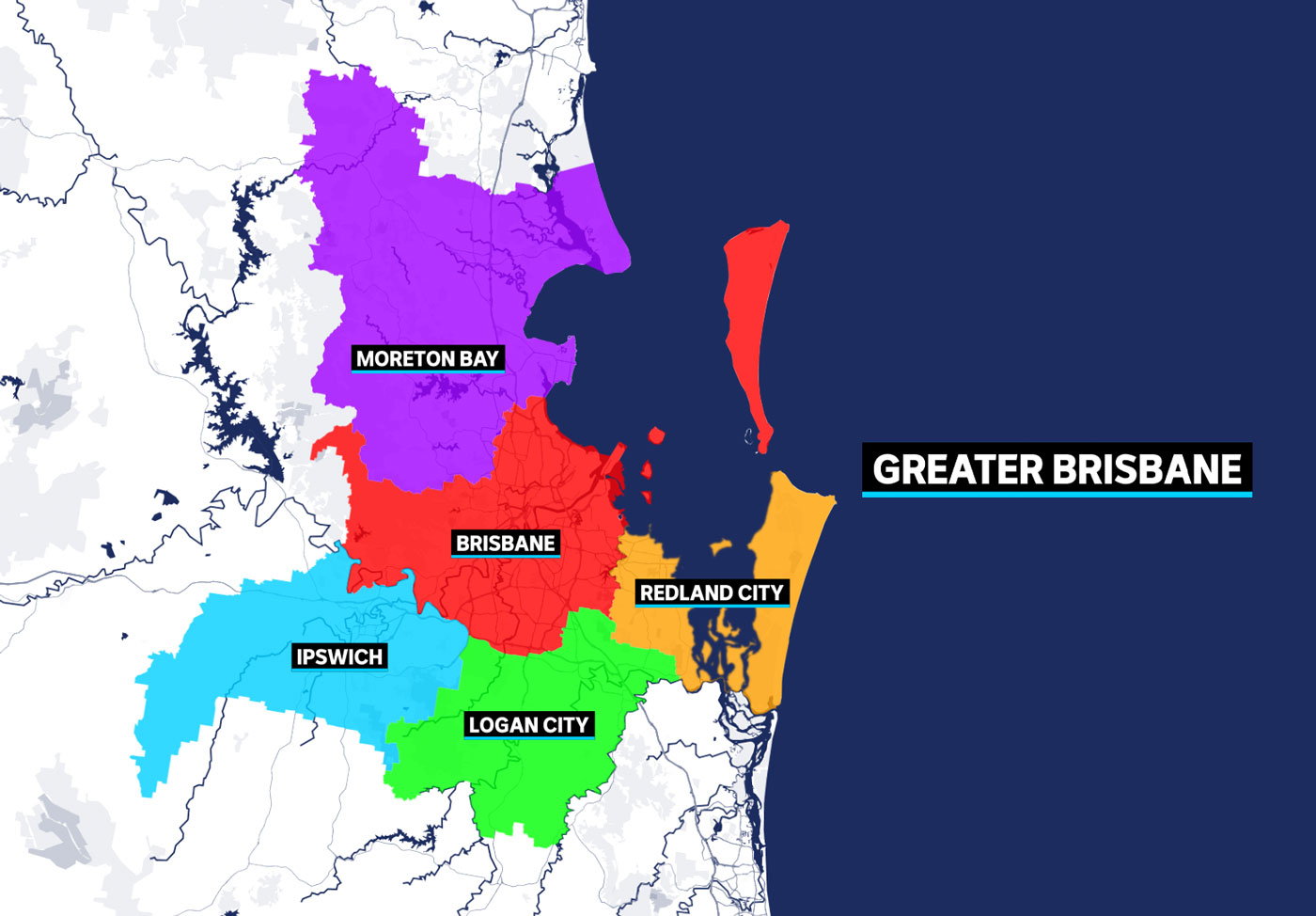 A graphic showing the local government areas of Brisbane, Logan, Redland City, Ipswich and Moreton Bay.