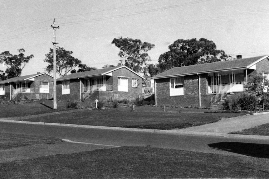 Canberra houses without front fences in Campbell, photographed in 1961.
