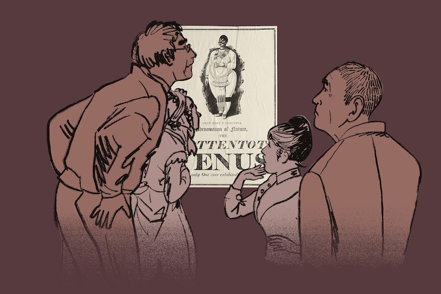 Animated image of group of people looking at a poster on the wall saying 'Hottentot Venus'.