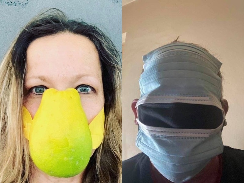 A woman wears a face mask made from a fruit skin and a man wears multiple face masks at once.