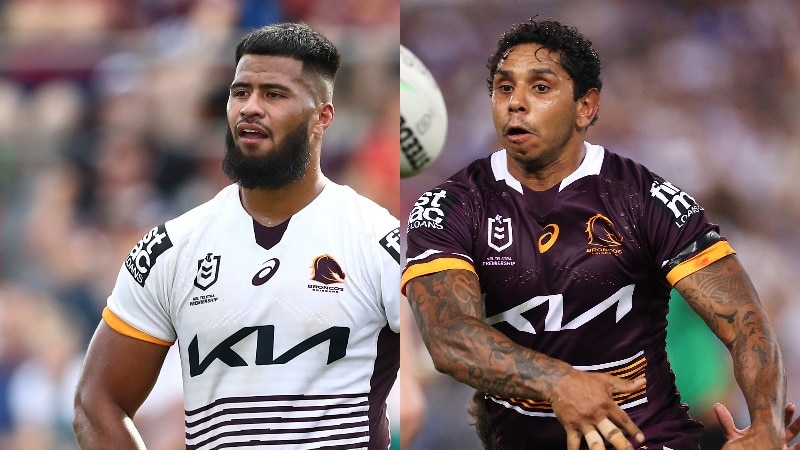 A composite photo of two Brisbane Broncos NRL teammates taken in different games.