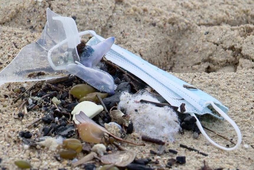 A medical mask lies on the sand with blue bottles around it