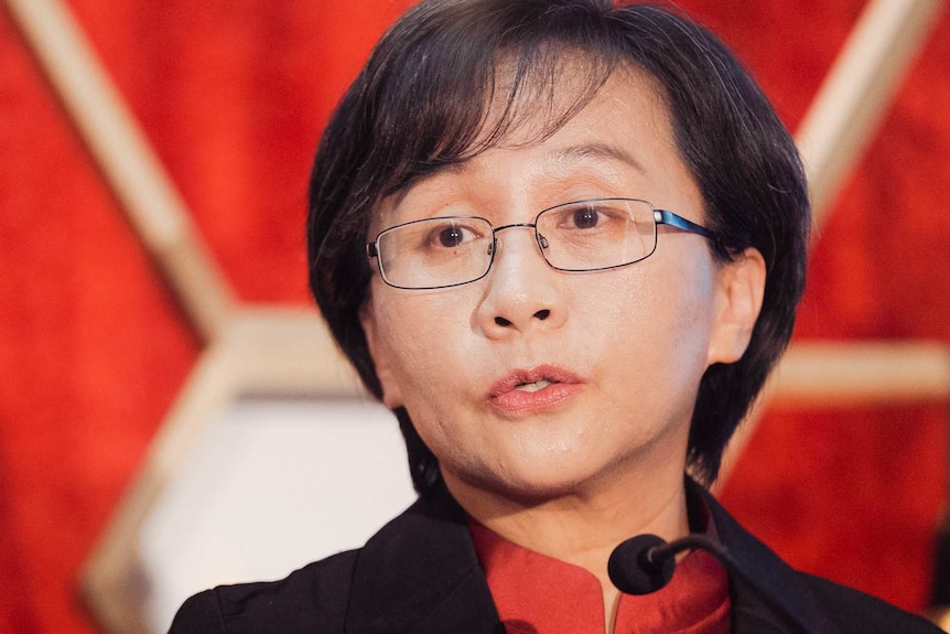 A headshot of a woman in a suit speaking at a lectern.