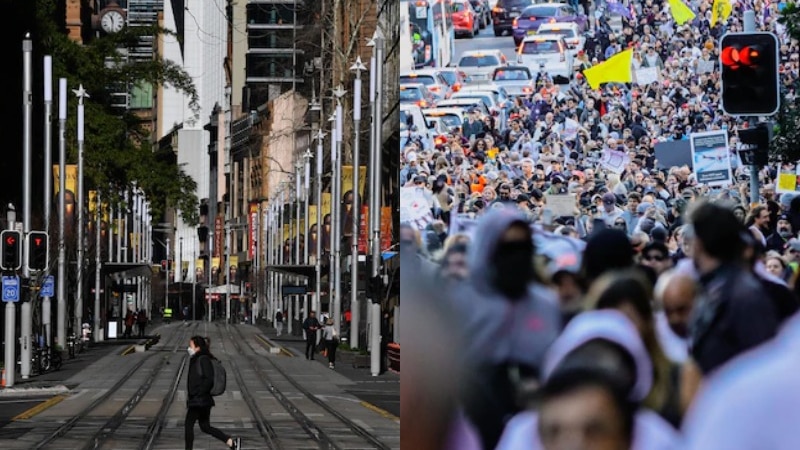 A composite image showing a lone person walking in Sydney CBD and the street heaving with protestors