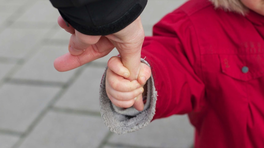 Unidentified child holding the hand of an adult. Good generic.