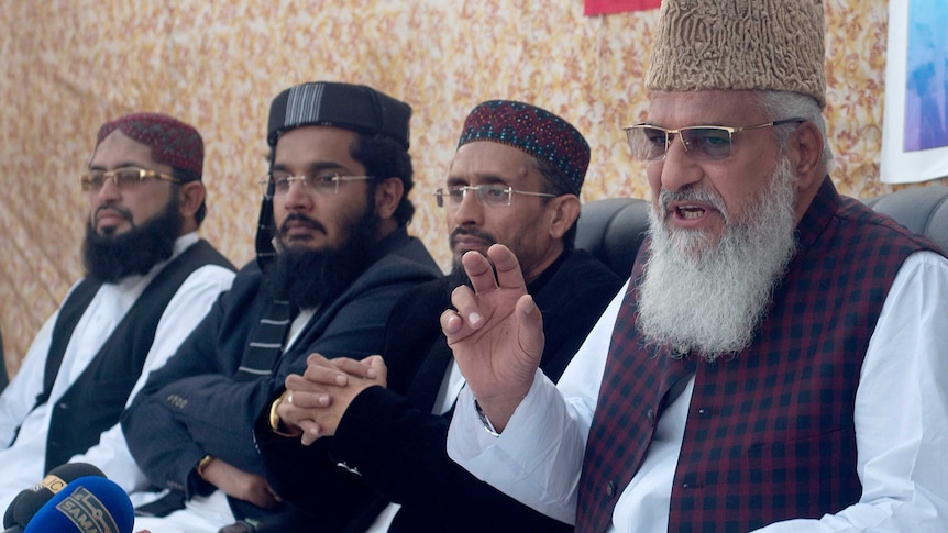 Mohammed Ahmed Ludhianvi, head of a Pakistani radical Islamist party, speaks at a press conference.