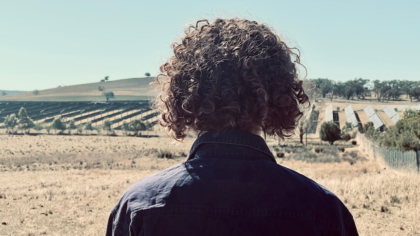 A generic photo of an unidentified backpacker looking towards a solar farm.