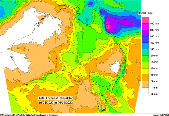 A colourful map showing the expected rainfall for Australia's east coast.