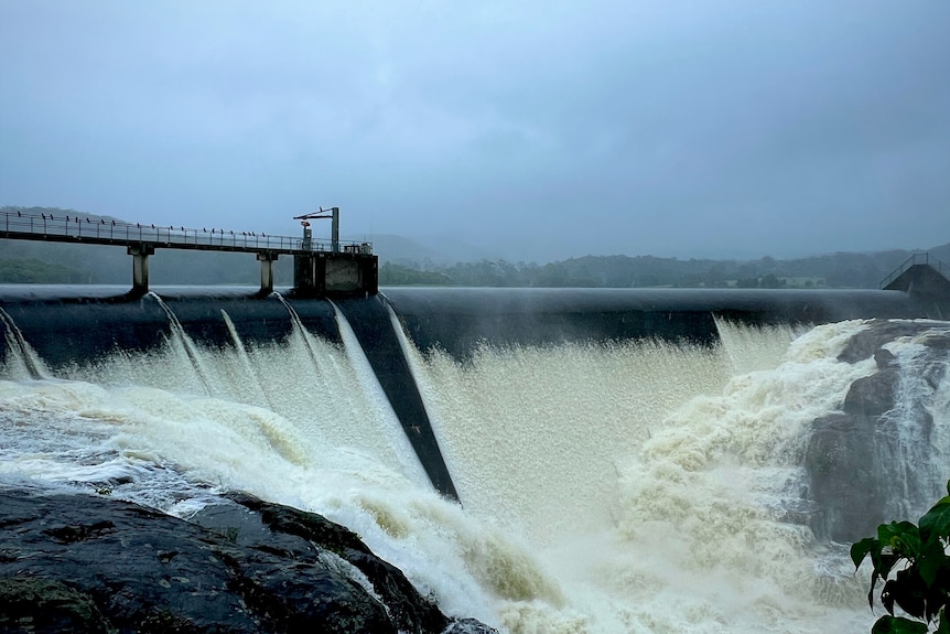 Wappa Dam overflowing with water. 