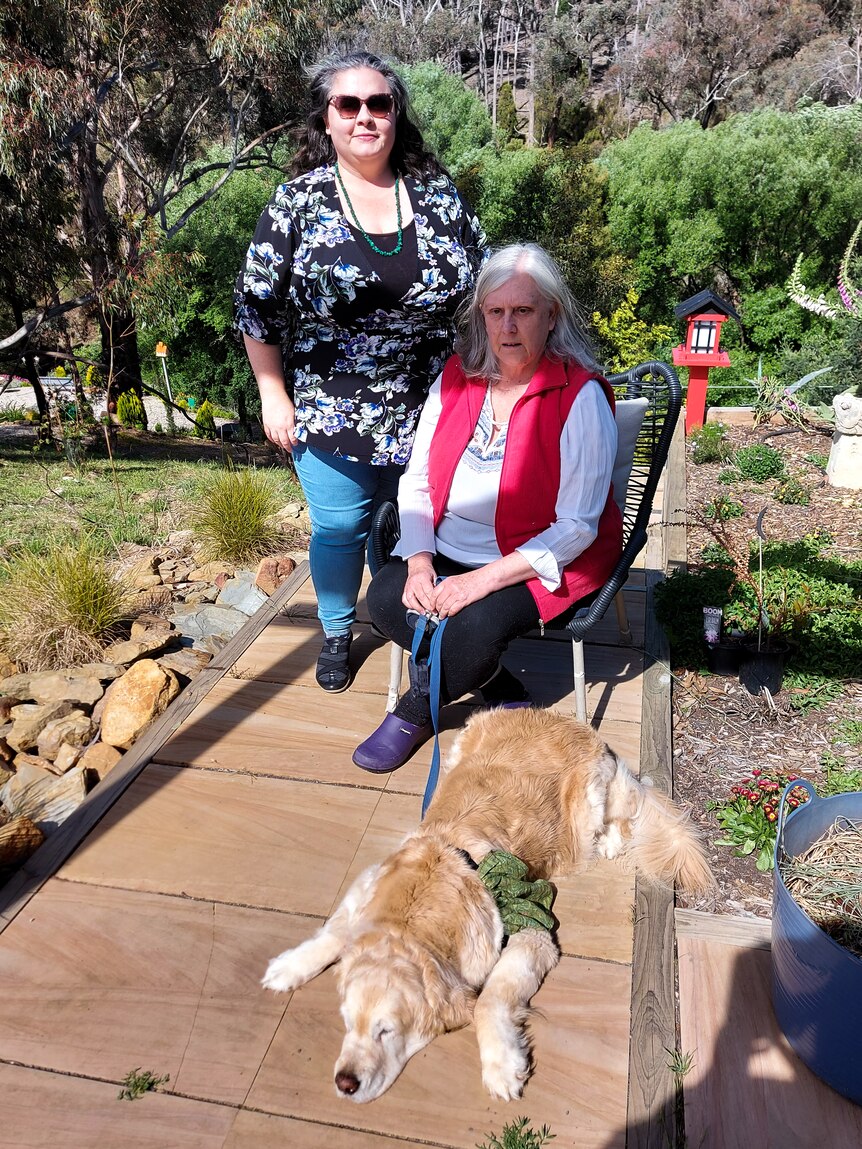 A woman stands outside next to an older woman who is sitting and holding the lead of a golden retriever who is lying in the sun.