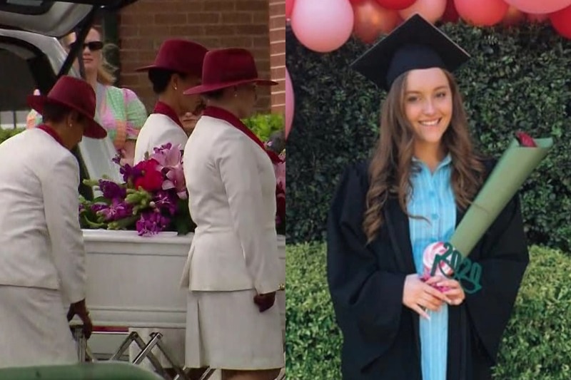 A composite image of Lilie James' white coffin with flowers on top, next to a picture of the woman in a graduation hat and cloak